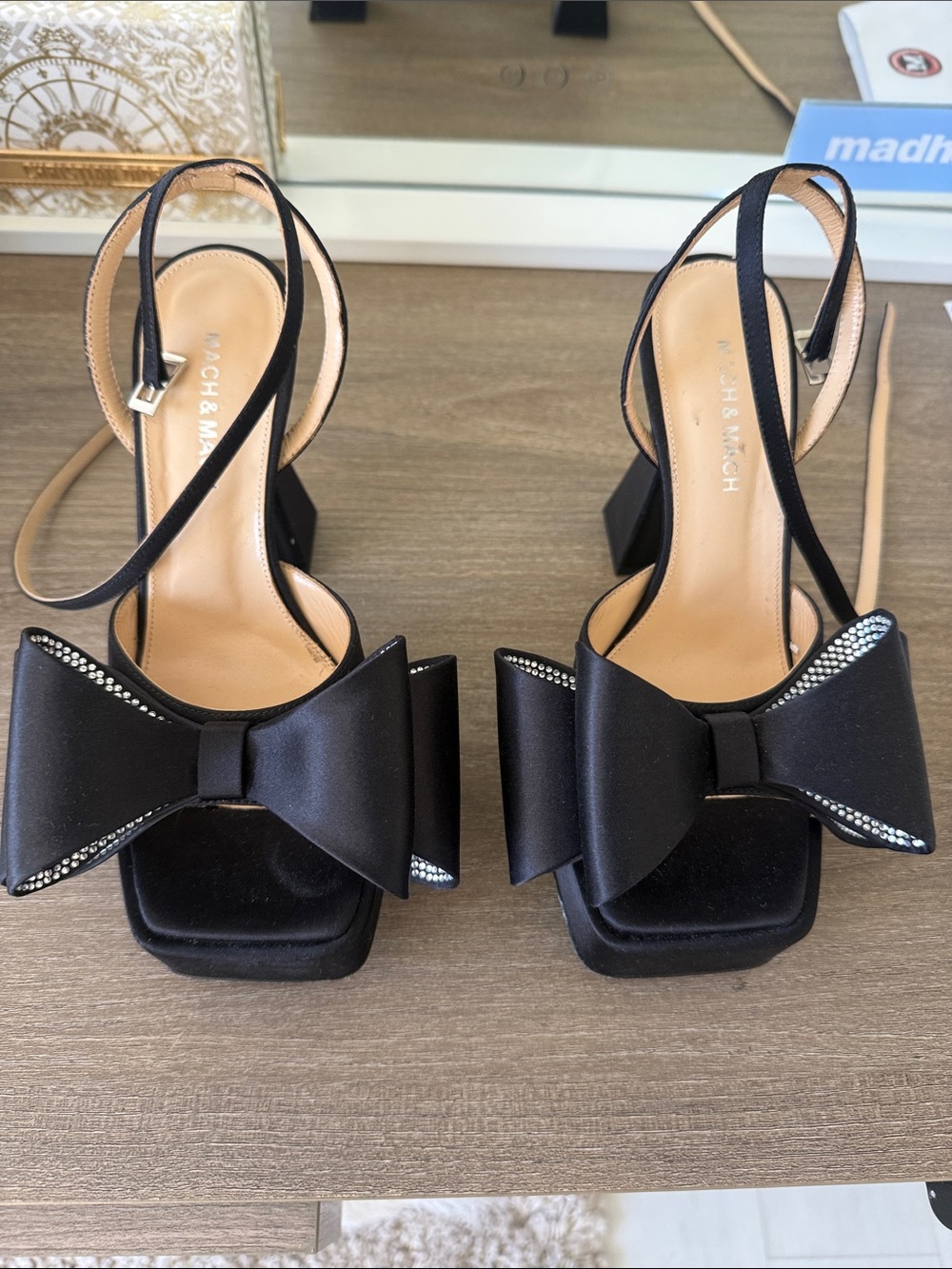 MACH & MACH Black Satin Bow Block Heel Sandals with Crystal Trim